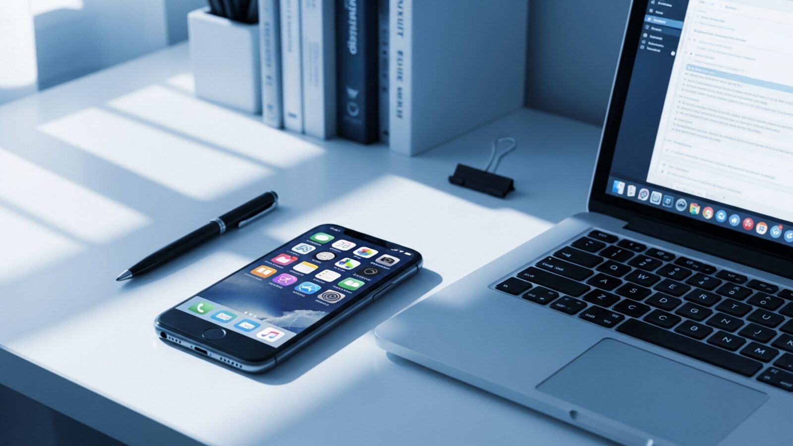 Smartphone e laptop su una scrivania con app di studio organizzate