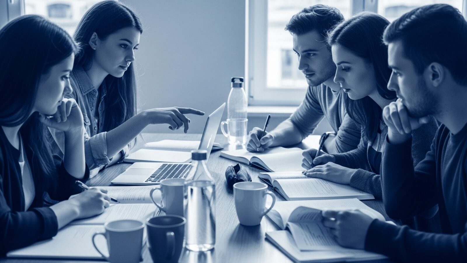 Piccolo gruppo di studenti che studia insieme attorno a un tavolo con quaderni e laptop