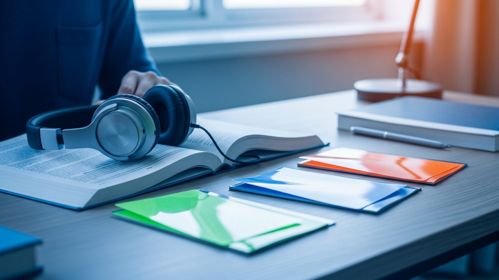 Studente che studia con strumenti di supporto come audio e guide di lettura colorate