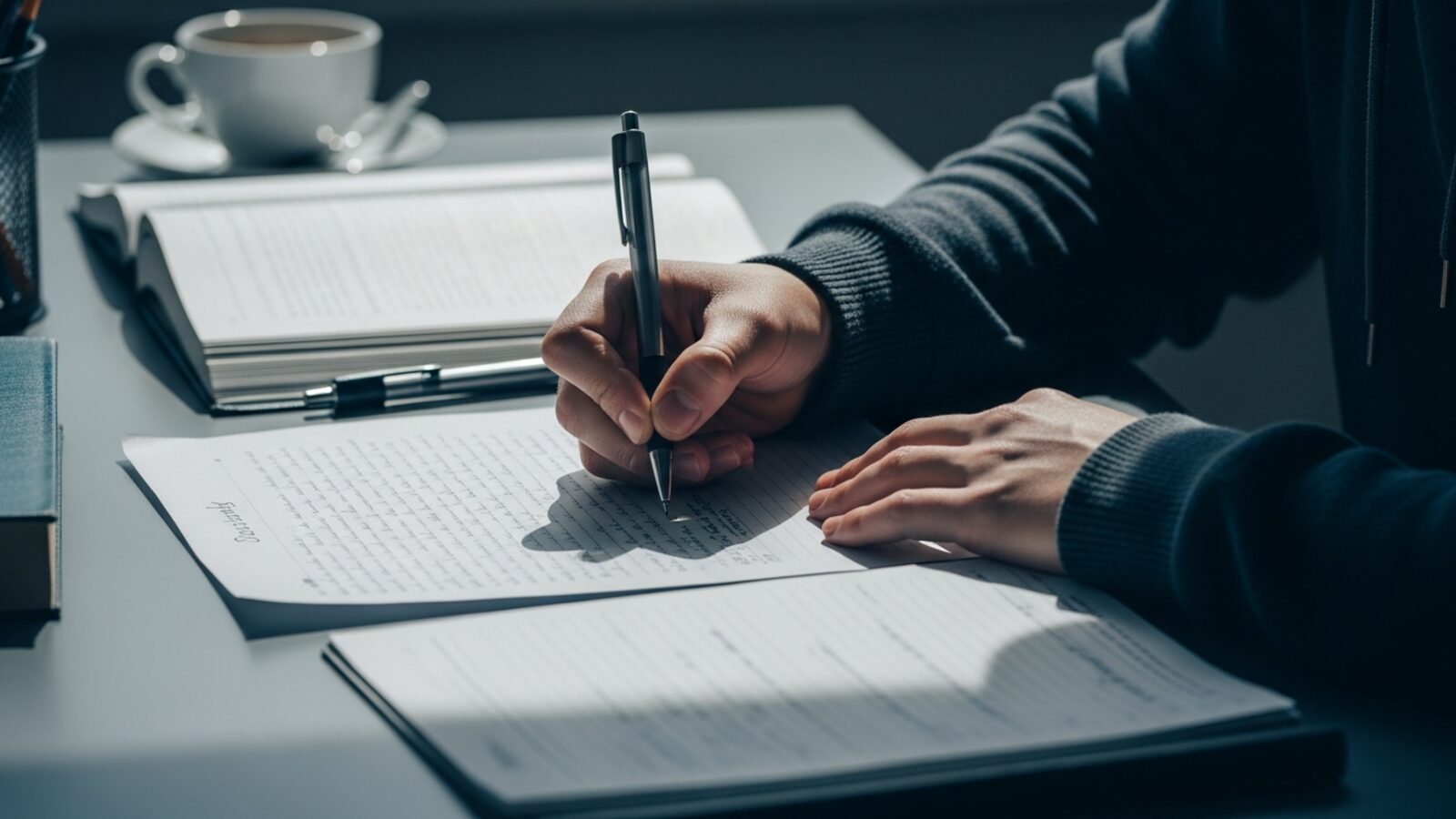 Studente che scrive un tema con una scaletta strutturata visibile sul foglio