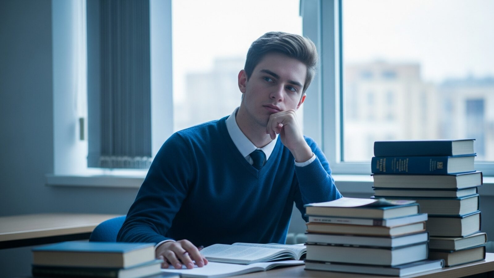 Studente capace ma pensieroso e dubbioso alla scrivania circondato da libri