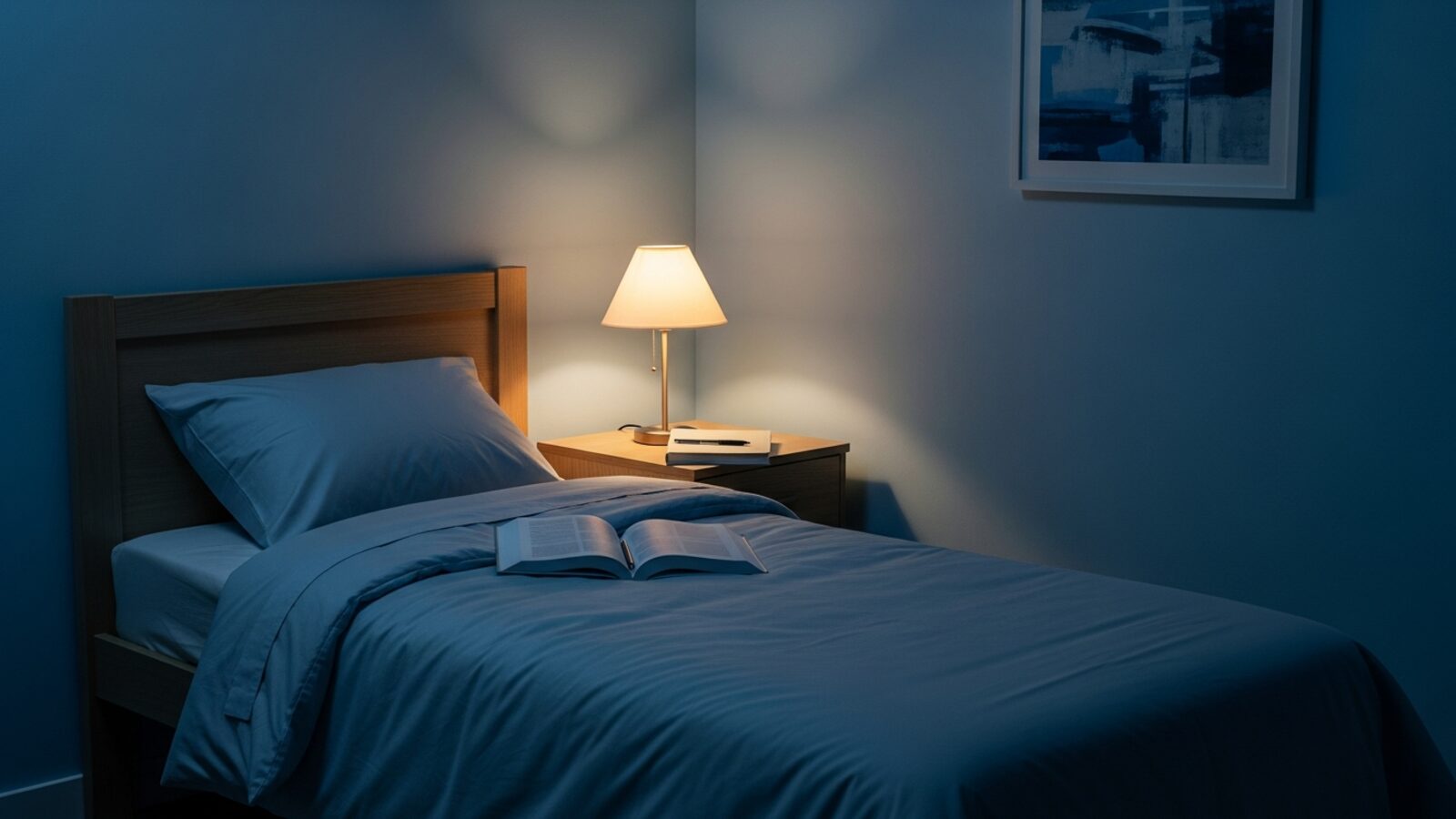 Camera di studente di notte con un libro sul comodino e luce calda della lampada