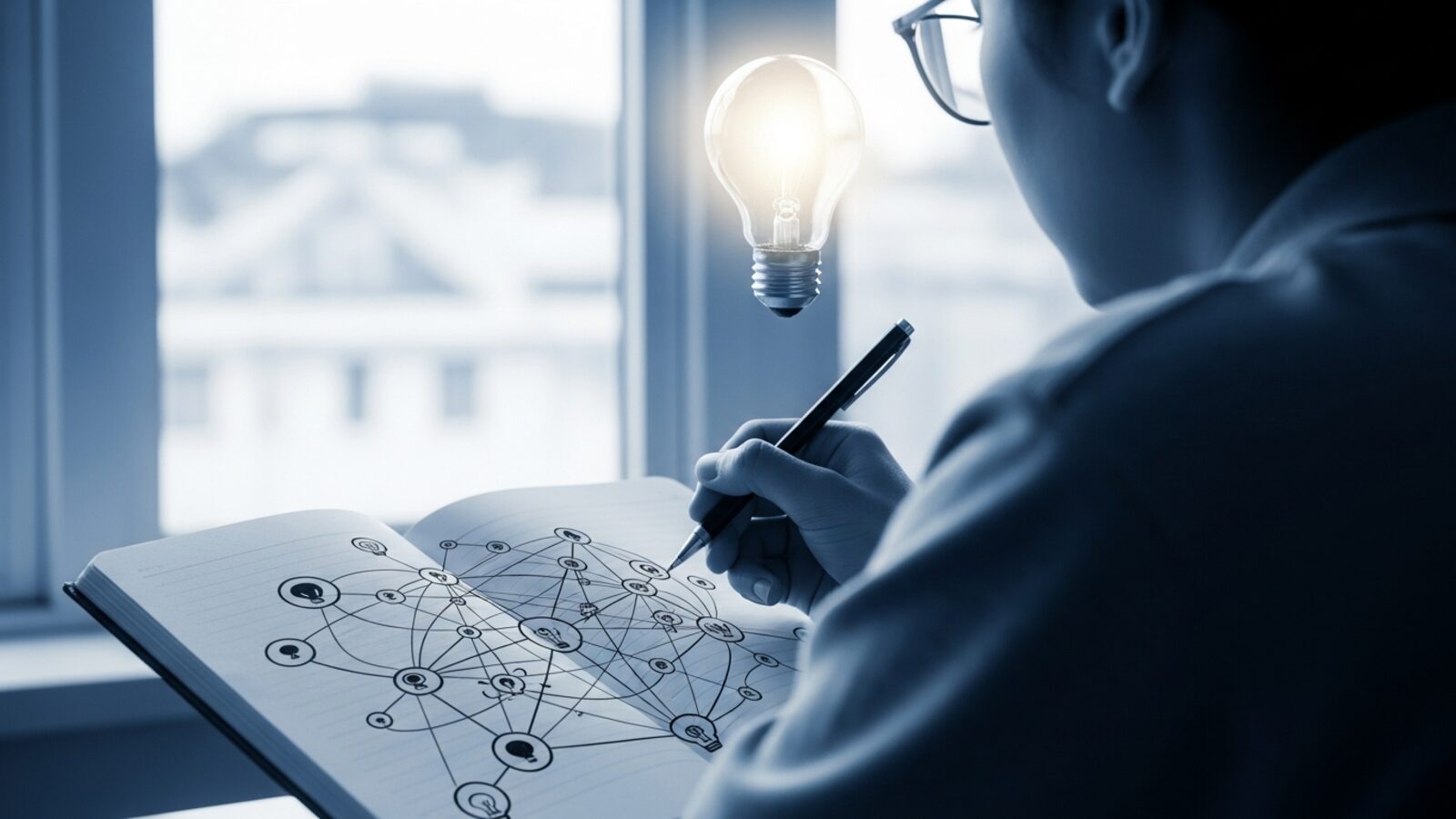 Studente con un quaderno che mostra una rete di idee collegate, momento di comprensione