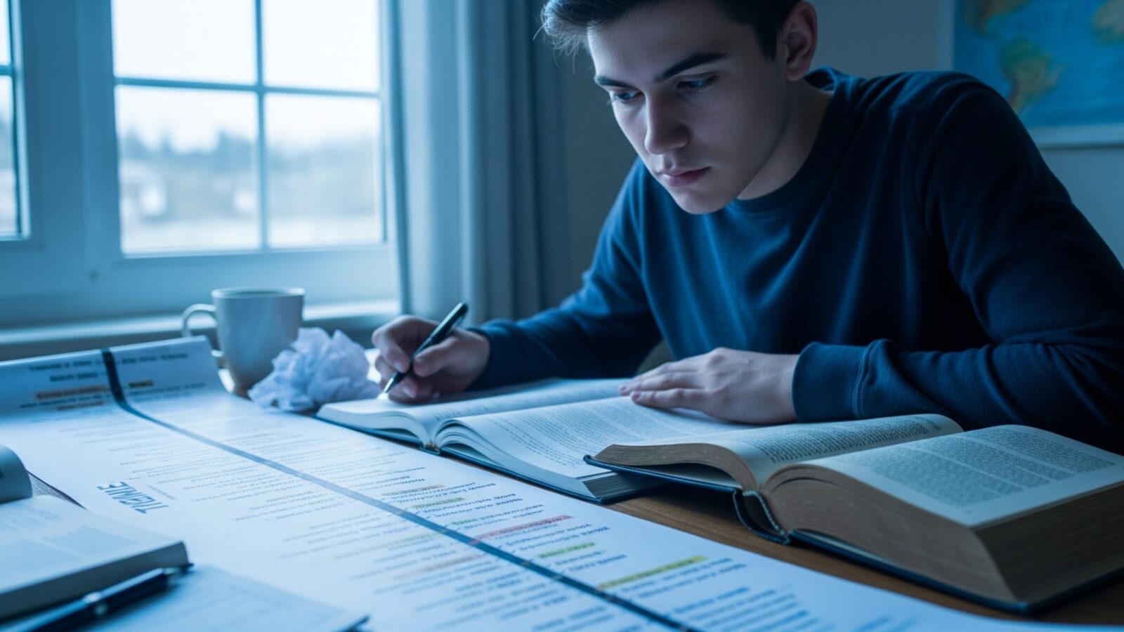 Studente che studia storia con una linea del tempo e un libro aperto